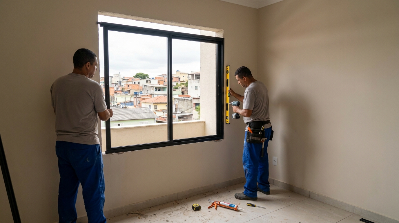Esquadria de alumínio em quarto bege em Cuiabá-MT