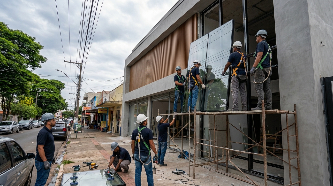 Fachada de vidro com andaime lateral em Cuiabá-MT