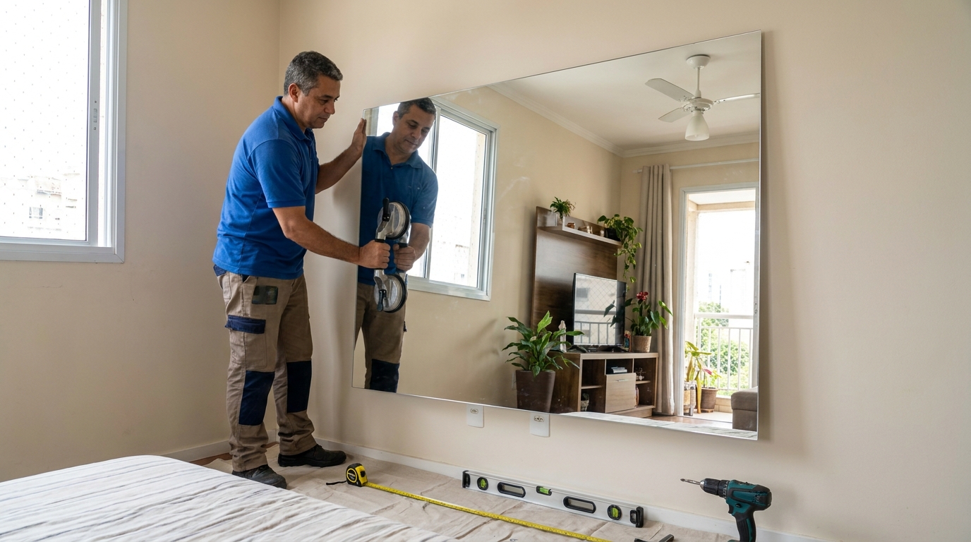 Profissional vidraceiro realizando serviço de vidraçaria